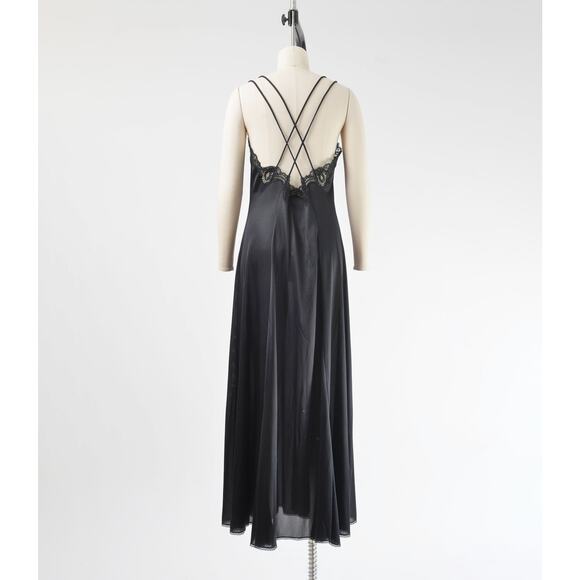 Vintage 80s Black Slip Sheer Lace Long Maxi Length Lingerie Dress M L - Picture 6 of 8